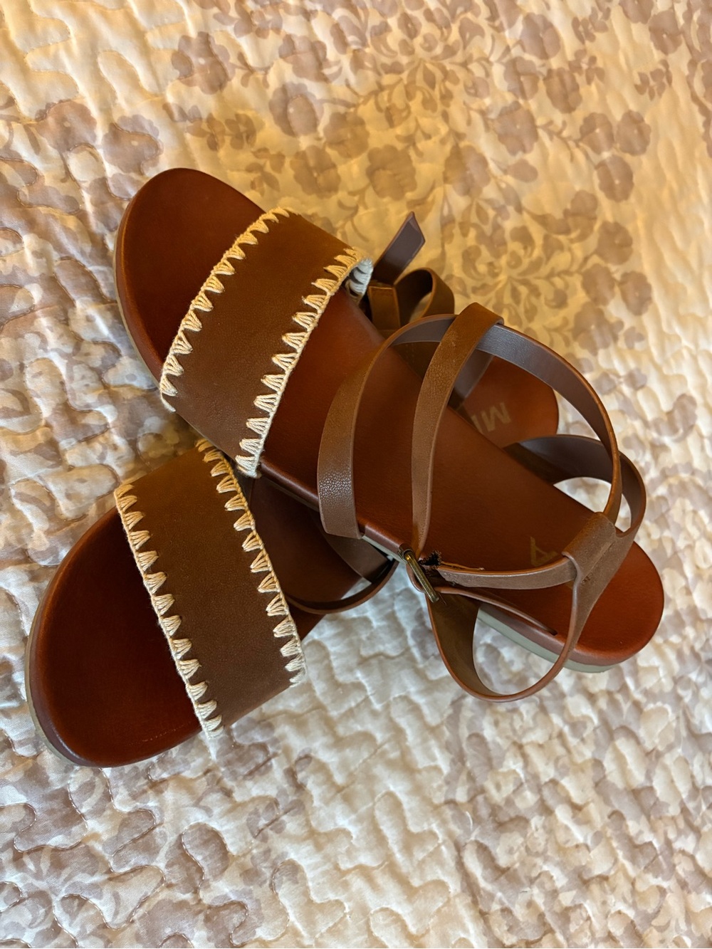 MIA Brown Leather Strap Sandals with Cream Stitching detail - only worn once!